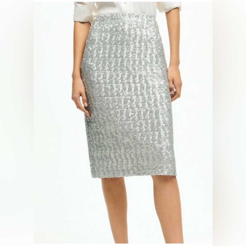 Brooks Brothers silver sequined pencil midi skirt sz 8 M
